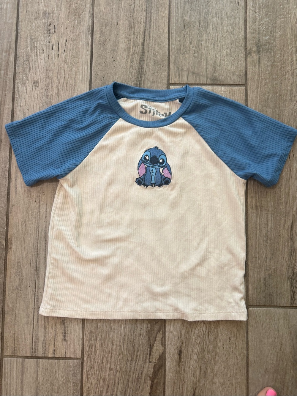 Disney Cream with blue  Sleeves and Stitch Embroidery